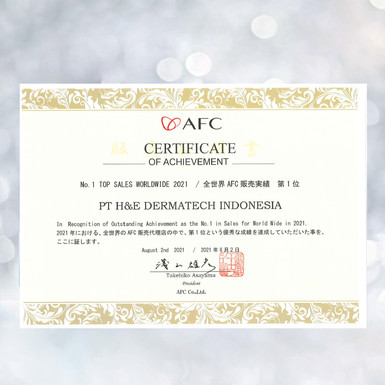 No. 1 Top Sales Wordwide 2021 :PT H&E Dermatech Indonesia mendapatkan Sertifikat Pencapaian No. 1 Top Sales Worldwide 2021 untuk Product AFC